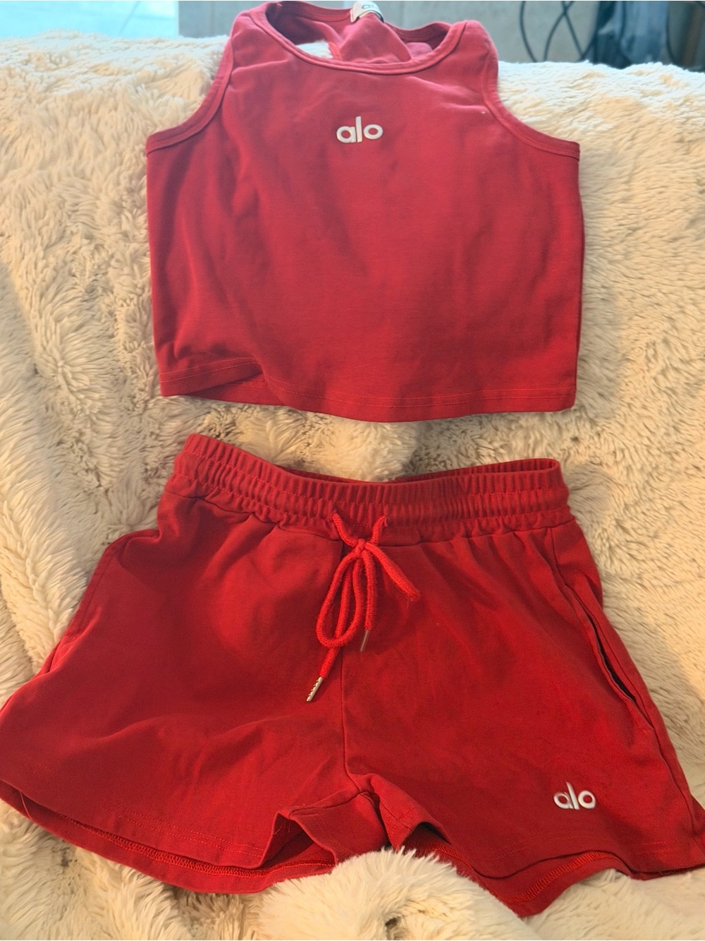 ALO Yoga Red Athletic Crop Tank and Drawstring Shorts Set